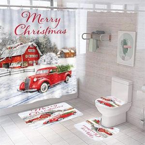 シャワーカーテンクリスマスヴィンテージレッドトラックバスホリデー農家の浴室の家の装飾