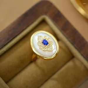 Cluster Rings Shining U S925 Silver White Shell Oval Lapis Lazuli Ring Gold Plated For Women Fine Jewelry Gift