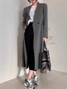 بدلات نسائية Superaen Gray v-neace overcoat Spring 2024 الكوري على الطراز الكوري الفضفاض