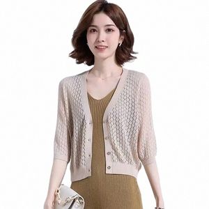 Spring Autumn Cardigans for Women Half Sleeve Thin Knitwears Topps Women's Sweater Jacket Korean FI Elegant Shrupp P1ol#