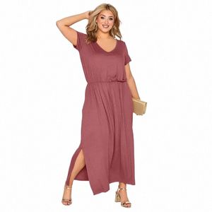 plus Size V-neck Elegant Summer Casual Dr Short Sleeve Elastic Waist Maxi Straight Dr Split Side Weekend Beach Dr 7XL B7uY#