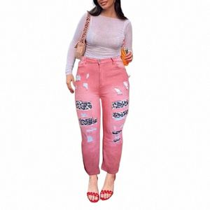 Plus Size Casual Jeans, Feminino Plus Colorblock Leopard Print Rasgado Butt Fly High Rise High Stretch Jeans Skinny y9PI #