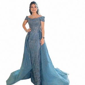 Venus Dusty Blue Searsury Luksus LG Evening Dres z odłączonym pociągiem z ramion Dubai Arabskie suknie ślubne B669#