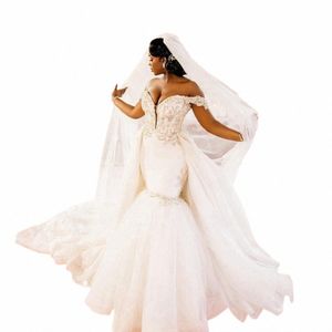 جميلة الترتر الدانتيل أفريقيا الزفاف قبالة الكتف الساتان تول حورية البحر حفل زفاف Dr Puffy Mesh Aso Ebi Bridalgown U9lc#