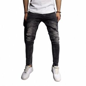 men Stretchy Ripped Skinny Biker Embroidery Carto Print Jeans Destroyed Hole Slim Fit Denim High Quality Hip Hop Black Jeans o7Y9#