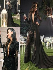 Plunging V Neckline Sexy Lace Jumpsuit Prom Dresses with Chiffon Overskirts Long Sleeves Vestidos De Festa Pant Suit Evening Party9007753