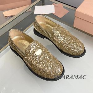Casual Shoes Shiny Gold Glitter Gold-mynt Dekorerade platta loafers äkta läderfodrade rundtå kvinnors bekväma promenader