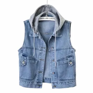 donne patchwork con cappuccio gilet di jeans casual cappello staccabile maniche giacche bavero corto Jean Chalecos W blu gilet da cowboy m7gy #