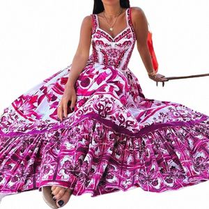 jamerary 2024 Summer Runway Red White Porcelain Floral Print Lg Maxi Beach Dres Women Straps Sundr Q3YM#