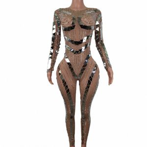 Sexy Fling Rhinestes Sier Pailletten Spiegel Overall Frauen Abend Geburtstag Feiern Kostüm Dance Party Bodysuit Diaoding R5uR #