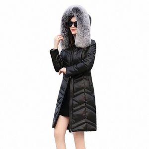 90% White Duck Down Jacket for Women 2023 Winter Warm Leather Jackets Casual Hooded Fox Fur Collar Down Coats Parkas Casacos I8HD#