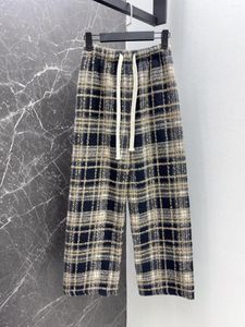 Spodnie damskie 2024 Modna luźna retro elastyczna talia koronkowa kontrastowa kolorowa sznurka dekoracyjna krata prosta 0221