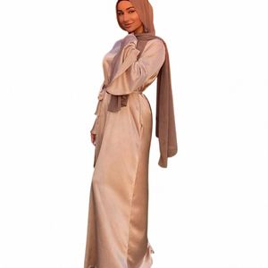 Muslimska kvinnor LG Sleeve Hijab Dr Soft Satin Dubai Abaya Islam Kaftan Summer Prayer LG Robe Islamic Fi Clothing 54G8#