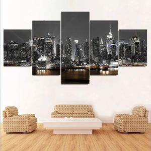 5 панелей Canvas Painting Wall Art Art New York City Construction Pictures Pictures Prints Night View Landscape плакат домашний декор