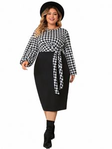 Plus Size Houndstooth Mulheres Dres Color Block Lg Mangas Lace-Up Robe O Neck Fall Sprimg Bodyc Dr Oversized Pano H63C #