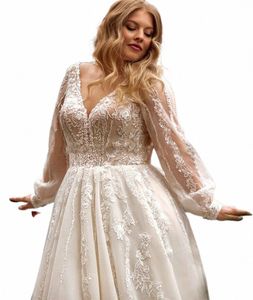 splendido A-line Plus Size Wedding Dres 2023 per le donne Tulle Lg manica con scollo a V Appliques abito da sposa elegante Robe de Mariee m26q #