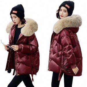 2023 Winter Down Cott Jacket Women Casual Loose Thicken Warm Parkas Fur Collar Hooded Overcoat Wine Red Waterproof Coat Female B6c2#