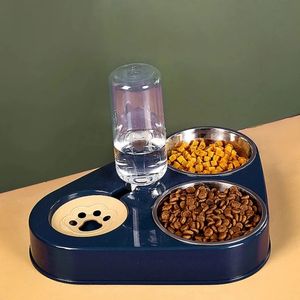 3in1 Pet Dog Cat Food Bowl med flaskan Automatisk dricksmaterare Fountain Portable Hållbart rostfritt stål 3 skålar Petförsörjning 240328