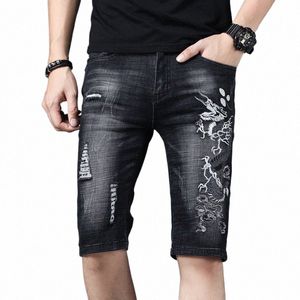 Verão Denim Shorts Homens Fi Rasgado Jeans Preto Chinês Arraste Bordado Slim Fit Reta Na Altura Do Joelho Calças s1VT #