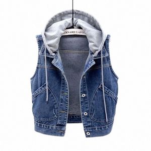 new Denim Vest Women's Spring Autumn Clothes Sleevel Wild Tops Short Hooded Jacket Women Denim Jeans Vest Jacket Female r8OS#