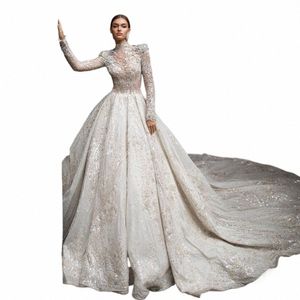 Aedmgh Ball Suknia Królewska Ślub Dres 2024 High Neck LG Sleeve Vestido de novia koronkowy cekinowy Wykwintny szata de Mariee m6uo#