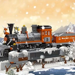 Retro Western City Steam Train Cargo Railway Station Model Building Set Moc Blocks Toys, Christmas och Halloween presenter