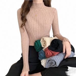 Stickade tröjor Kvinnor Ribbed Pullover Half Turtleneck Jumper Sweater Autumn Winter Slim Chic Streetwear LG Sleeve Y2k Top Y2NA#