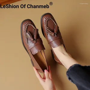 Casual Shoes Leshion of Chanmeb Women Sheep Leather Loafers Retro Tassels fransade slip-on lat platt vintage veckad loafer brun vår