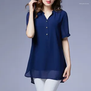 Women's Blouses Fashion Solid Color All-match Midi Shirt Elegant V-Neck Button Office Lady Short Sleeve Female Summer Casual Loose Split