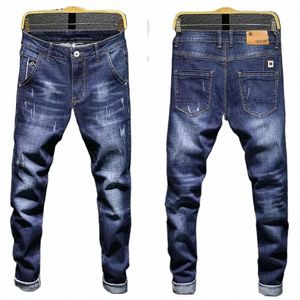 Jeans slim fit elasticizzati da uomo Jeans skinny blu scuro per uomo Pantaloni casual in denim retrò Stile coreano Streetwear Pantaloni di marca maschile d06U #