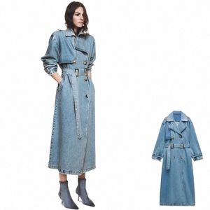 Denim trench coats para mulheres cinto na cintura magro jean casacos senhoras jaqueta feminina azul jean jaqueta mulher l3q0 #