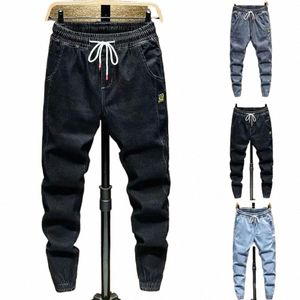 men Jeans Solid Color Drawstring Elastic Waist Loose Cargo Trousers Spring Autumn Korean Style Ankle Tied Harem Pants Streetwear F1TZ#