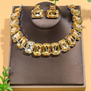 Necklace Earrings Set Stonefans Square And Bridal Exaggerate Decoration Fashion Yellow Rhinestone Jewelry Banquet For Women