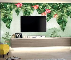 Sfondi Carta da parati tropicale Nordic Foglie di banana Murale per camera da letto Art Decor Trucco Sfondo Carta floreale dipinta a mano