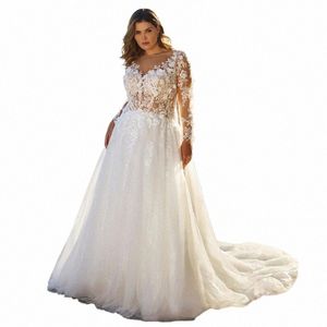 elegante A-Line Wedding Dr Bianco Plus Size Pizzo Scollo a V Manica Lg Tulle Ilusi Indietro Abito da sposa Sweep Train Vestido De Noiva Z2L3 #