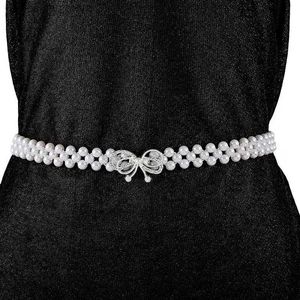 Waist Chain Belts A hollow bow studded diamond belt for womens beaded elastic rope long skirt belt for leisure and play Y240329