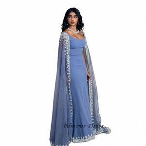 pdmcms Dusty Blue Chiff Evening Dres Lg Chiff Cape Party Gowns Floor Length Elegant Arabic Prom Dr vestidos de noche k8Dp#