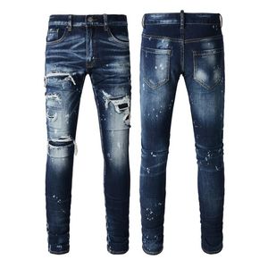 Jeans da uomo nuovi Pantaloni stile streetwear blu effetto consumato Bandana Toppe a coste Fori elasticizzati Slim Fit High Street Strappato