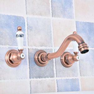 Bathroom Sink Faucets Antique Red Copper 2 Ceramic Handle Wall Mount Three Hole Widespread Lavatory Vessel Basin Faucet Mixer Tap Dsf524