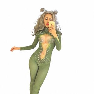 women New Green Sparkly Rhinestes Sexy Jumpsuit Big Stretch Bodysuit Performance Dance Wear Female Singer Nightclub Bodysuit Z1x1#