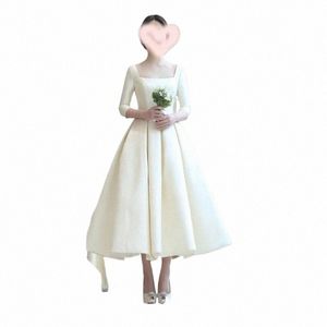 personalizzato colletto quadrato sposa Dres A-Line 3/4 Lg maniche abiti da sposa in raso Corea Fotografia semplice abito da sposa Y2s0 #