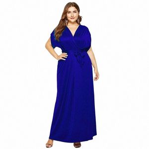 Plus Size Summer Dr Women 2021 Fi V Neck Batwing Short Sleeve Belt Party Dres Large Size Ladies Tunic Maxi LG DR K21U#