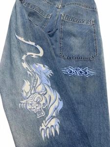 jnco Jeans Streetwear Y2K Mens Hip Hop Gráfico Imprimir Retro Azul Baggy Jeans Denim Calças Nova Gótico Cintura Alta Calças Largas 14Tb #