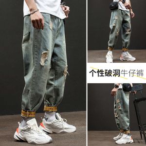 Durchbruch Jeans, Herrentrend 2024, neue koreanische Herbstversion, locker und vielseitig, Arbeitskleidung für kleine Füße im Used-Look, Leggings-Trend