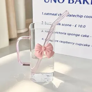 Şarap bardakları temiz kare cam fincan pembe yay dekorasyonu basit ins rüzgar saman suyu süt yüksek sıcaklık kahve kupa 400ml 13.5oz