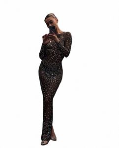 glitter Female Cover up Maxi Dr Mesh See-Through Fi Lg Sleeve Slim Sexy Elegant Women Bodyc Dr Night Clubwear Out E9Fh#