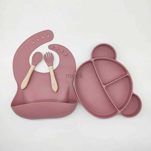 Cups Dishes Utensils Baby Feeding Plate Set Silicone Bowl Suction Plate Spoon Fork Bib Straw Cup Children Dishes Toddler Eating Tableware Set 240329