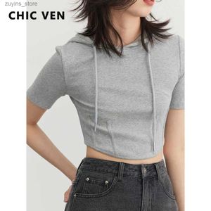 Koszulka damska Chic Ven Wen-Tees Streetwear swobodny krótki rękaw z kapturem topy z kapturem solidne, szczupłe, że kobieta krótka koszulka lato 202324329