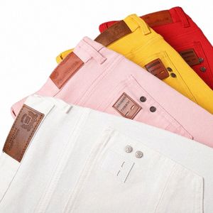 Klassisk stil Men jeans FI Busin Casual Pants Straight Slim Denim Stretch Trousers White Red Yellow Mane Brand Pants M89N#