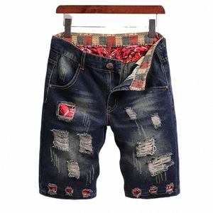 men Shorts Herren-Retro-Jeans-Shorts mit gerissenen Löchern, Patch-Design, gerades Bein, Streetwear-Shorts mit Taschen für den Sommer-Stil 189o#